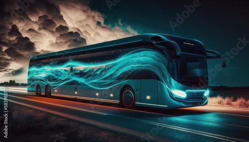 A futuristic electric bus with beautiful blue neon, generative ai