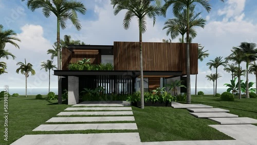 4K video rendering of modern cozy house with parking and pool for sale or rent with wood plank facade by the sea or ocean. Sunny day by the coast with palm and flowers in tropical island Fly-walk