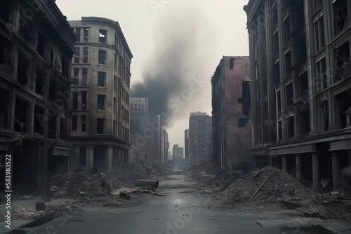 UK streets of London after a military strike. Dramatic scenes of destruction and human loss.