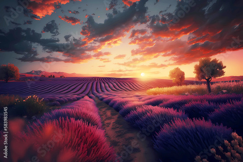 Beautiful lavender purple field in Toscana  Italy during sunset