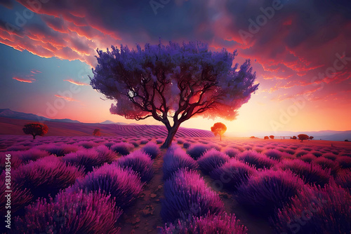 Beautiful lavender purple field in Toscana, Italy during sunset