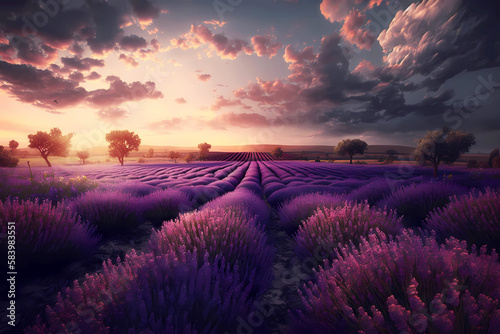 Beautiful lavender purple field in Toscana  Italy during sunset