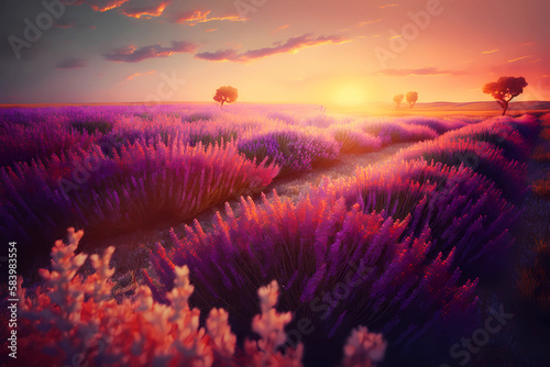 Beautiful lavender purple field in Toscana, Italy during sunset