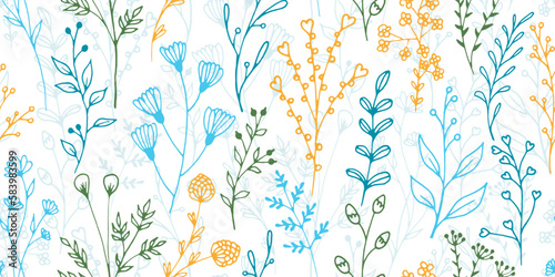 Field flower branches natural vector seamless pattern. Ditsy floral graphic d...