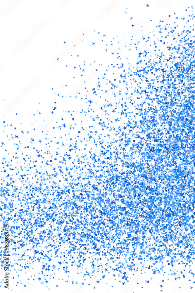 Obraz premium Chic blue confetti dot scatter texture. Triangle square circle star granules illustration. Banner template. Messy crumb particles dust confetti. Party decoration stardust splash