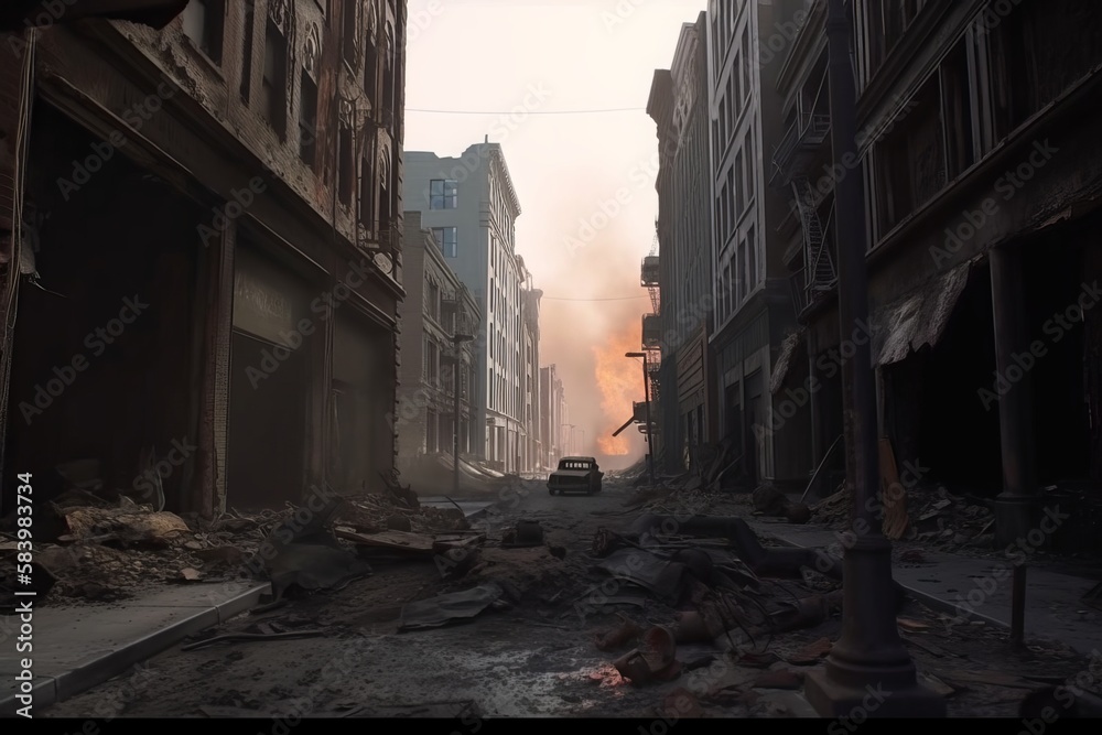 UK streets of London after a military strike. Dramatic scenes of destruction and human loss.