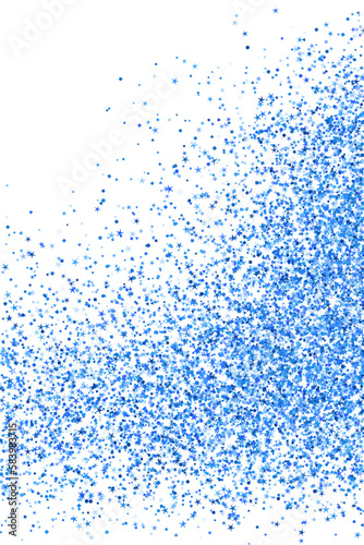 Chic blue confetti dot scatter texture. Triangle square circle star granules illustration. Banner template. Messy crumb particles dust confetti. Party decoration stardust splash
