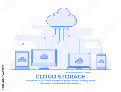 Cloud computing technology network with computer monitor, laptop, tablet, and smartphone, Cloud storage vector flat illustration for landing page, web banner, web design