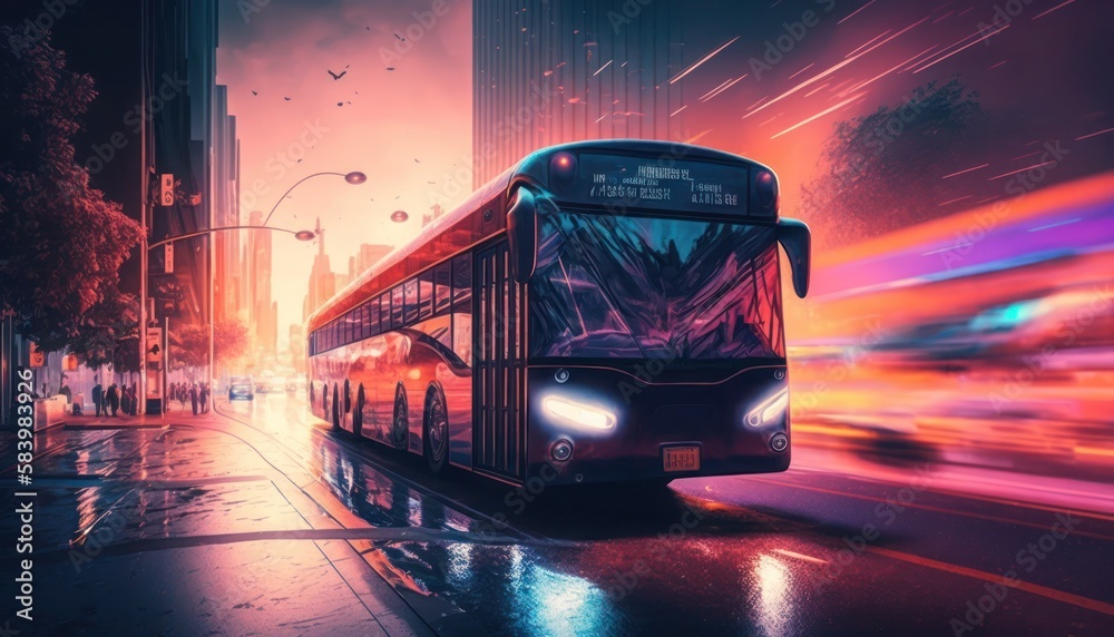 Public transportation bus in urban surroundings, generative ai