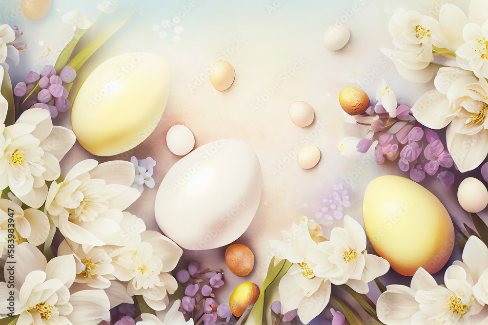 Easter background with copy space. Eggs, flowers, pastel colors illustration top view generative AI, generative, ai Easter background with copy space. Eggs, flowers, pastel colors illustration top view generative AI, generative, ai