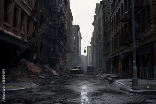 UK streets of London after a military strike. Dramatic scenes of destruction and human loss.
