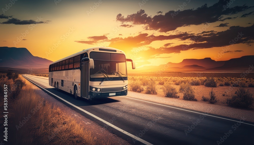 Bus traveling on the asphalt road in rural landscape, generative ai Bus traveling on the asphalt road in rural landscape, generative ai