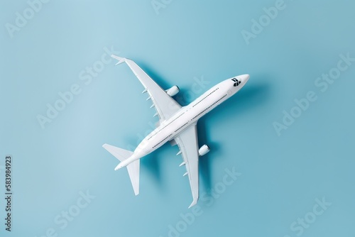  a white airplane is flying in the air on a blue background. generative ai