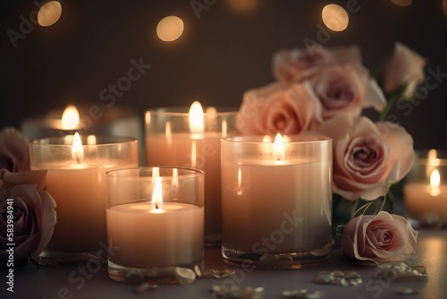  a bunch of candles that are on a table with flowers.  generative ai