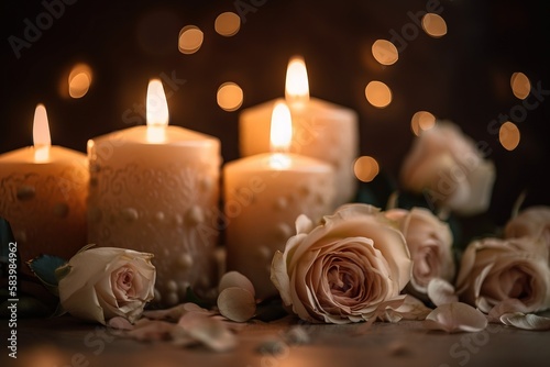  a group of candles with roses on a table next to them. generative ai