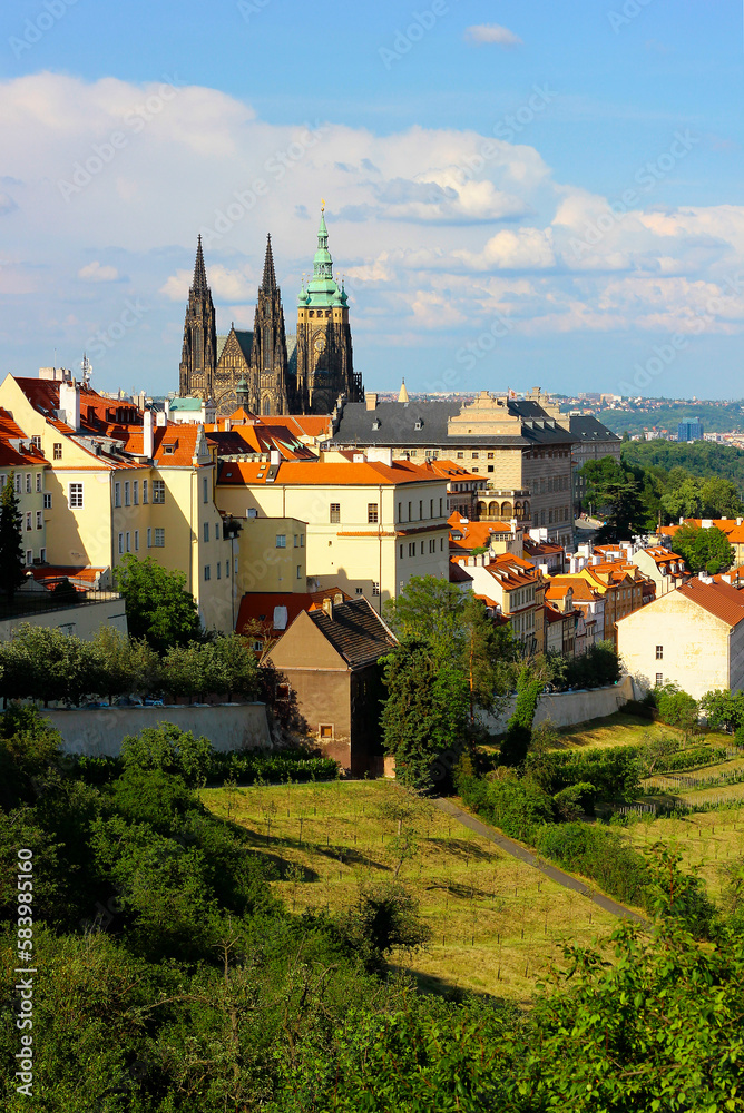 Prague Castle and Saint Vitus Cathedral, view from the Strahov monastery, Prague, Czech Republic. Prague castle on a bright summer day.