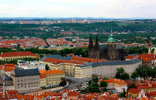 Prague Castle and Saint Vitus Cathedral, panoramatic view from the Petrin lookout tower, Prague, Czech Republic. Prague castle on a spring day.