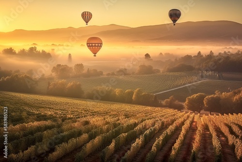 Hot Air Balloons Rising, Rolling Vineyards, Napa Valley, Serene Landscape, Generative AI