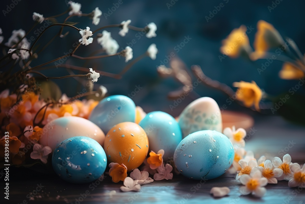 Happy Easter Congratulatory easter background Easter eggs and flowers Background with copy space Selective focus. Generative AI Happy Easter Congratulatory easter background Easter eggs and flowers Background with copy space Selective focus. Generative AI