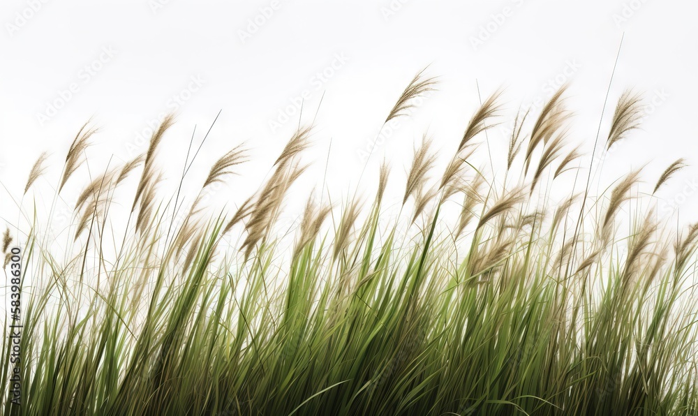  tall grass blowing in the wind against a white sky background.  generative ai