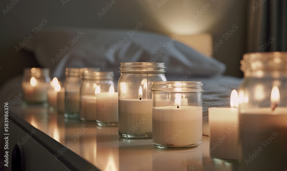 a row of candles sitting on top of a table next to a bed. generative ai a row of candles sitting on top of a table next to a bed. generative ai