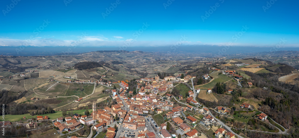 panorama view of the picturesque village of Montforte d'Alba in the Barolo wine region of the Italian Piedmont