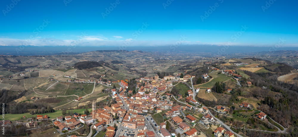 panorama view of the picturesque village of Montforte d'Alba in the Barolo wine region of the Italian Piedmont panorama view of the picturesque village of Montforte d'Alba in the Barolo wine region of the Italian Piedmont