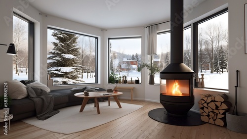 Salon moderne avec un poêle à bois en train de fonctionner pendant l'hiver - Illustration IA	
 photo