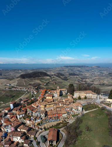 vertical view of the picturesque village of Montforte d'Alba in the Barolo wine region of the Italian Piedmont