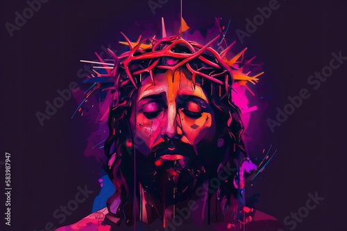 Jesus Christ wearing crown of thorns Passion and Resurrection Easter card, Good Friday. Generative AI