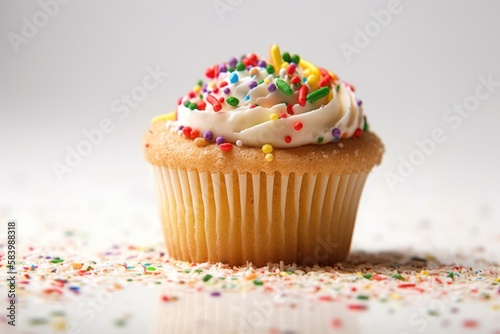Cupcake with pink frosting and sprinkles, generative ai
