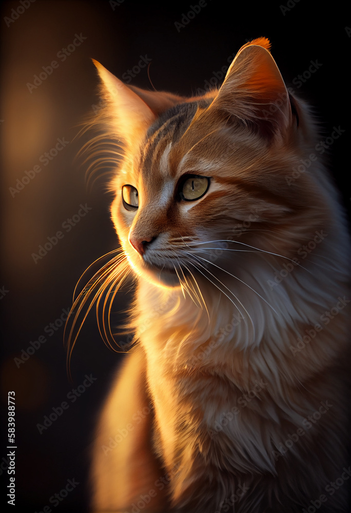 Fluffy red cat looks into the distance in the rays of golden light. AI Generated
