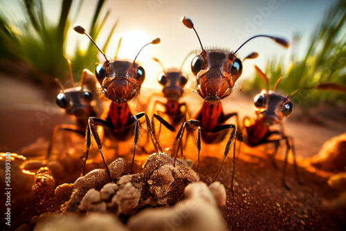 A group of ants looking directly at the camera in nature. AI generated