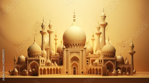 3D mosque Ramadan Kareem concept panorama solid background Generative Ai 