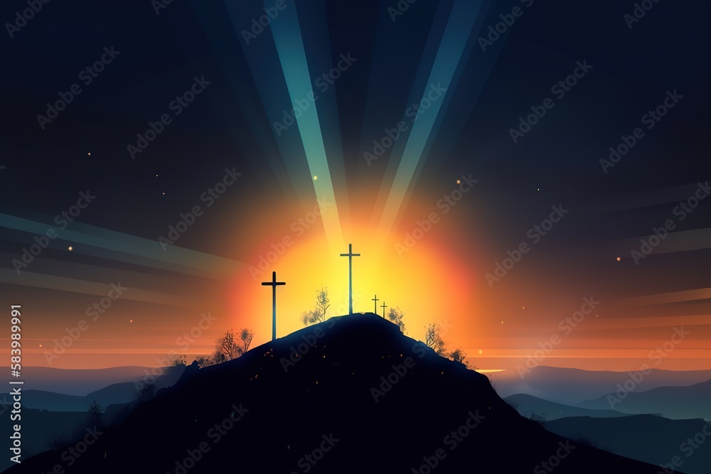 Jesus Christ At Sunrise - Three Crosses On Hill. Generative AI