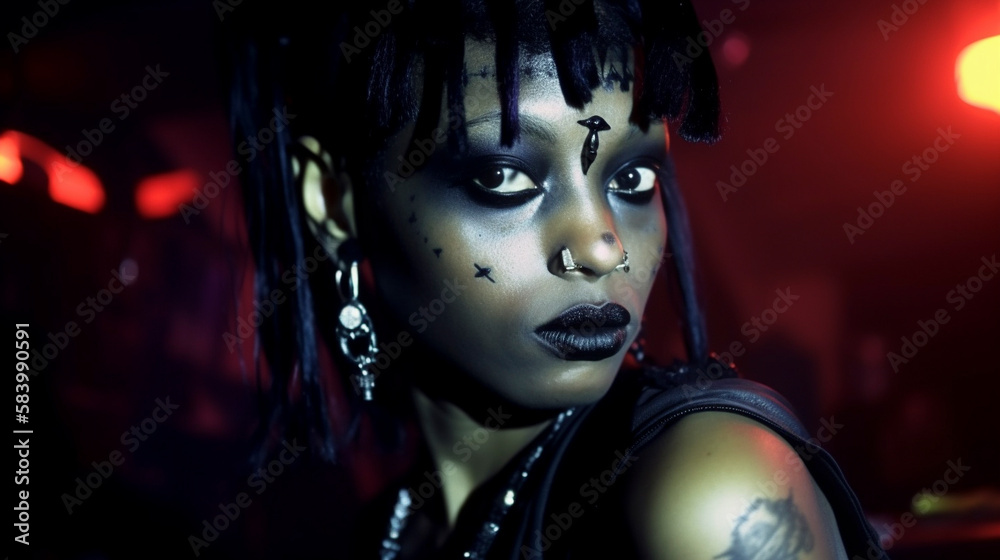 close up mujer afroamericana gótica alternativa en un club nocturno