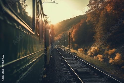 Experience the drama and excitement of train travel with this cinematic view, featuring the majestic engine and the sweeping vistas beyond. Generative AI.