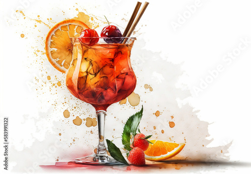 Tropical summer cocktail, illustration. Summer cocktail painting with tropical fruits. Watercolor coktail. Generative AI 