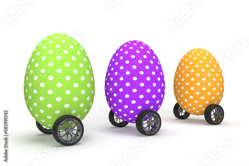 3 colored easter eggs with dots on wheels as cars.