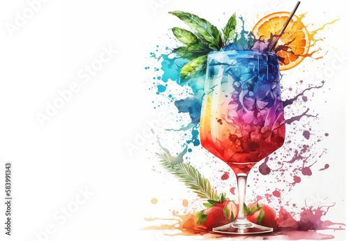 Tropical summer cocktail, illustration. Summer cocktail painting with tropical fruits. Watercolor coktail. Generative AI 