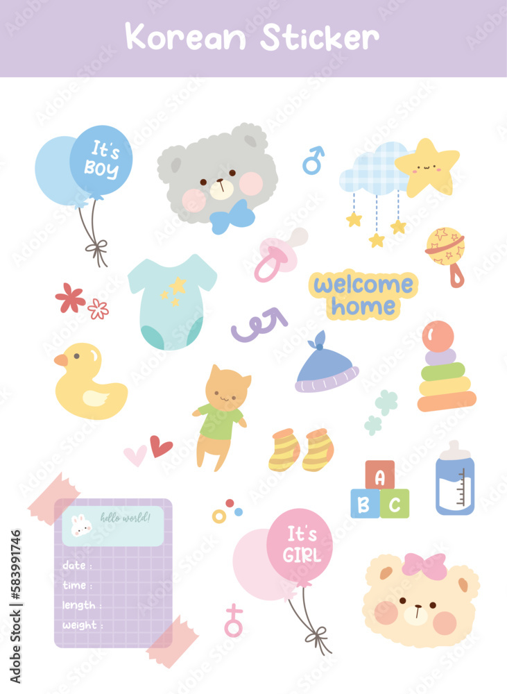 Cute Korean Sticker Printable Vector Illustration Stock Vector | Adobe ...
