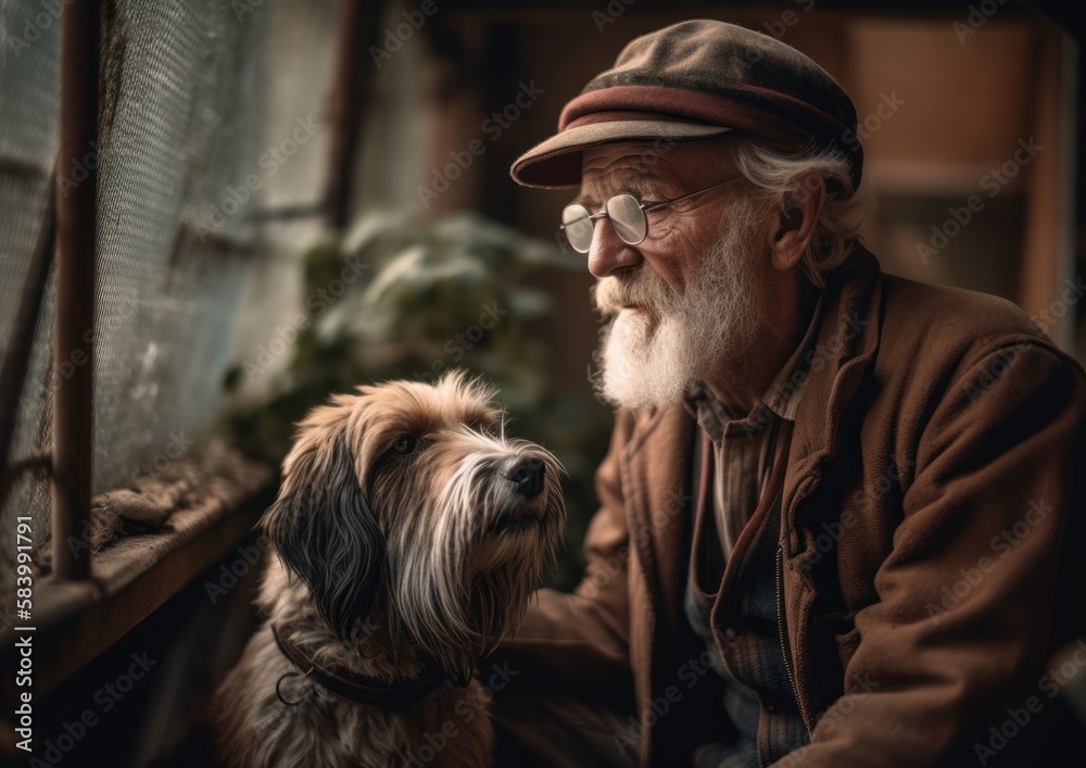 Portrait of an Old Farmer and His Dog at the Greenhouse. Portrait of an Old Farmer and His Dog at the Greenhouse.