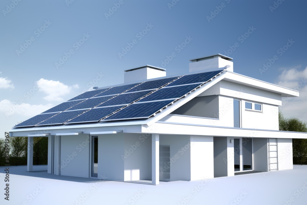 Modern house with solar panels on the roof. Clean energy concept. Generative AI