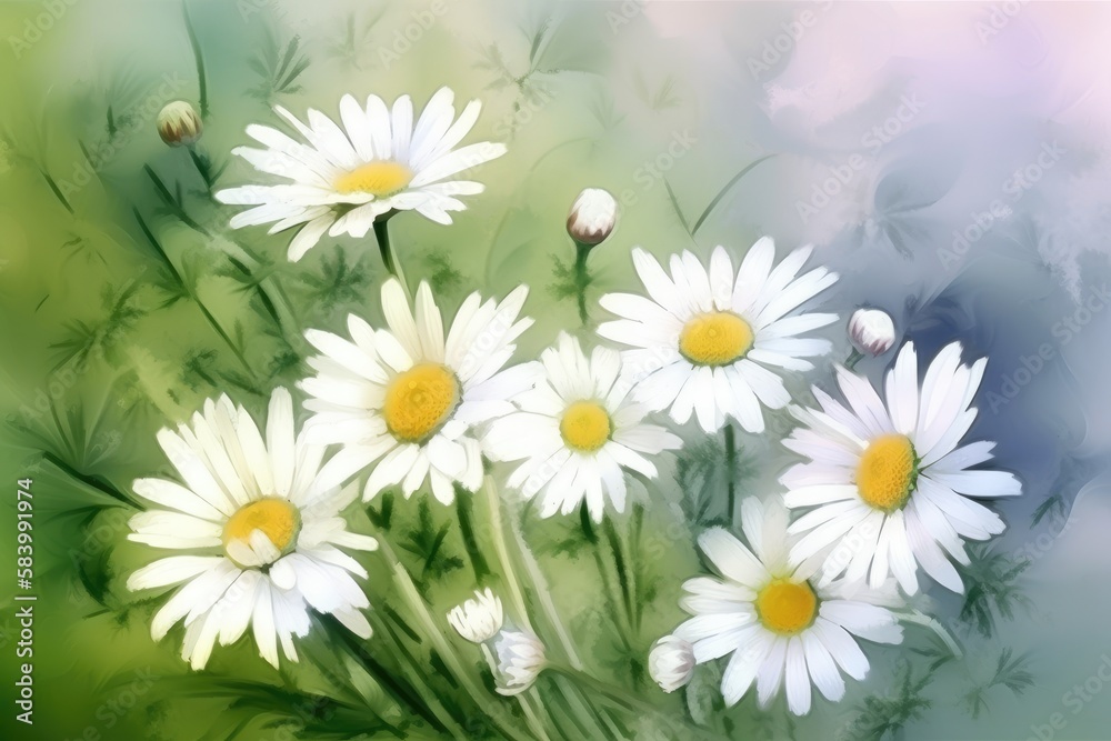 Spring watercolor background with daisies. Generative AI