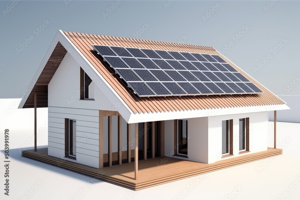 Fototapeta premium Modern house with solar panels on the roof. Clean energy concept. Generative AI
