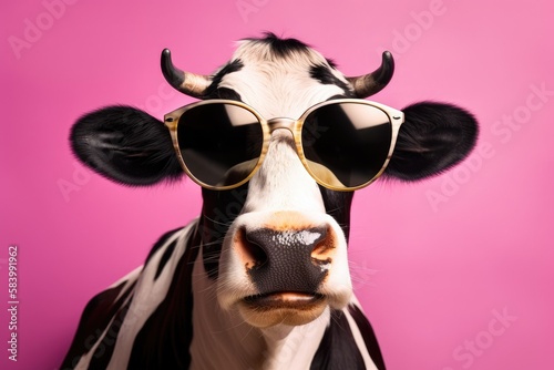 Funny cow wearing sunglass on a pastel colorful background. Generative AI