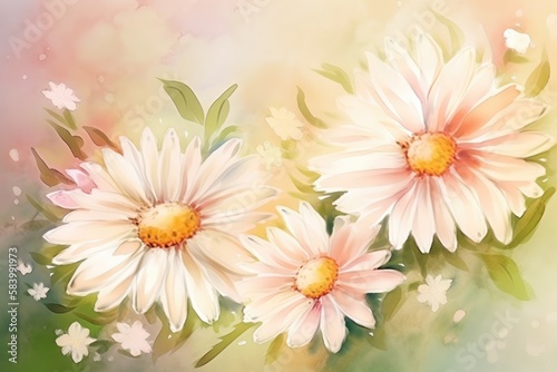 Spring watercolor background with daisies. Generative AI