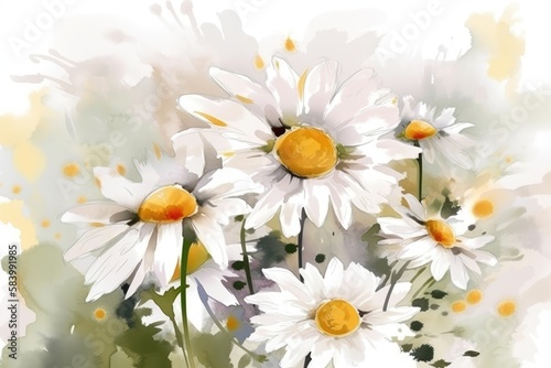 Spring watercolor background with daisies. Generative AI
