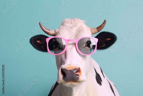 Funny cow wearing sunglass on a pastel colorful background. Generative AI © Gelpi
