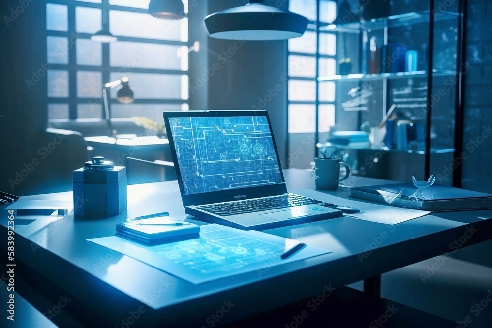 Modern Office, Sleek Laptop, Minimalist Desk, Holographic Information Protection, Generative AI Modern Office, Sleek Laptop, Minimalist Desk, Holographic Information Protection, Generative AI